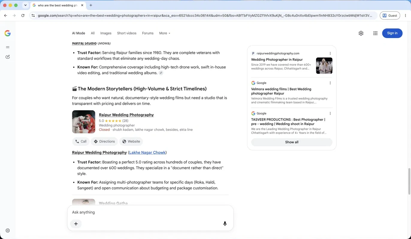 Google AI Mode featuring Raipur Wedding Photography and citing its website as a source