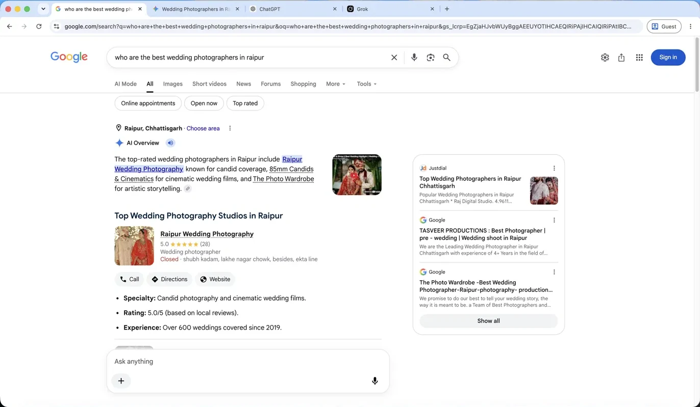 Google AI Overview naming Raipur Wedding Photography first among the best wedding photographers in Raipur