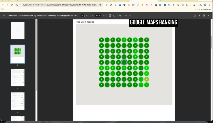 9x9 geo-grid scan showing Raipur Wedding Photography ranked #1 in Google Maps across almost every point