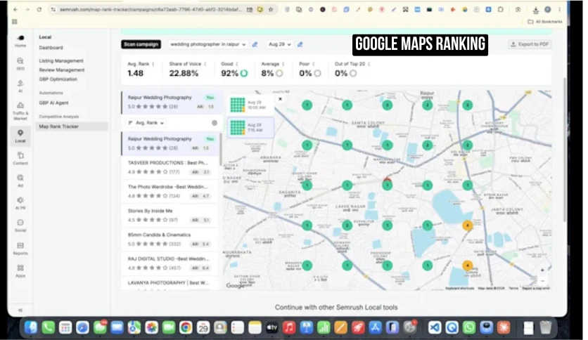 Semrush Map Rank Tracker for wedding photographer in Raipur: average rank 1.48, 92% of locations in the top 3