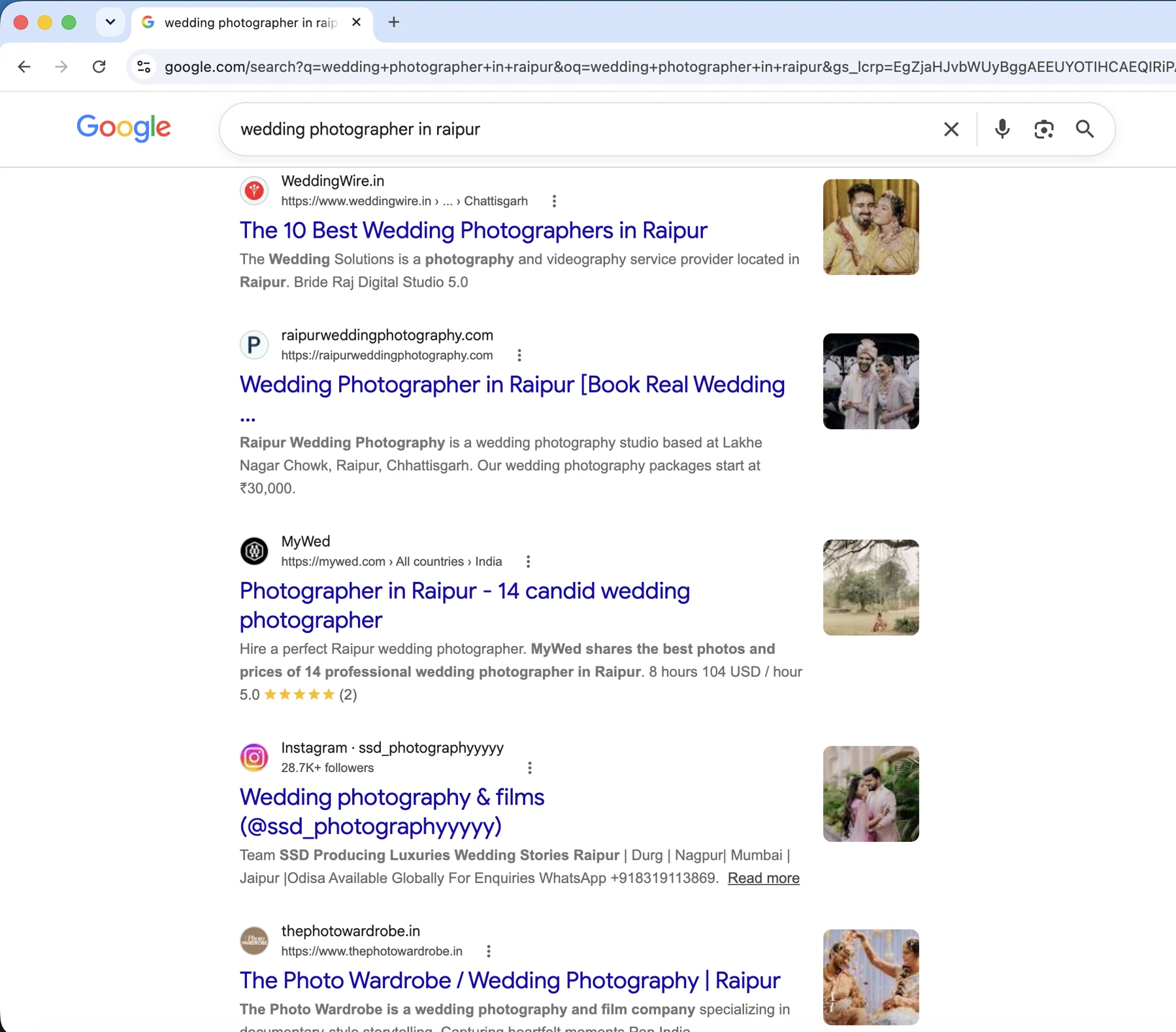 Google search results for wedding photographer in Raipur, with raipurweddingphotography.com as the second result