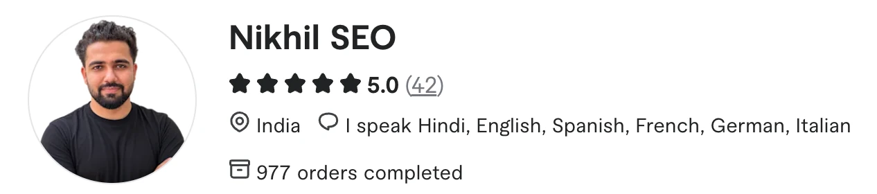 Nikhil Batra's Fiverr profile showing 977 orders completed and a 5.0 rating