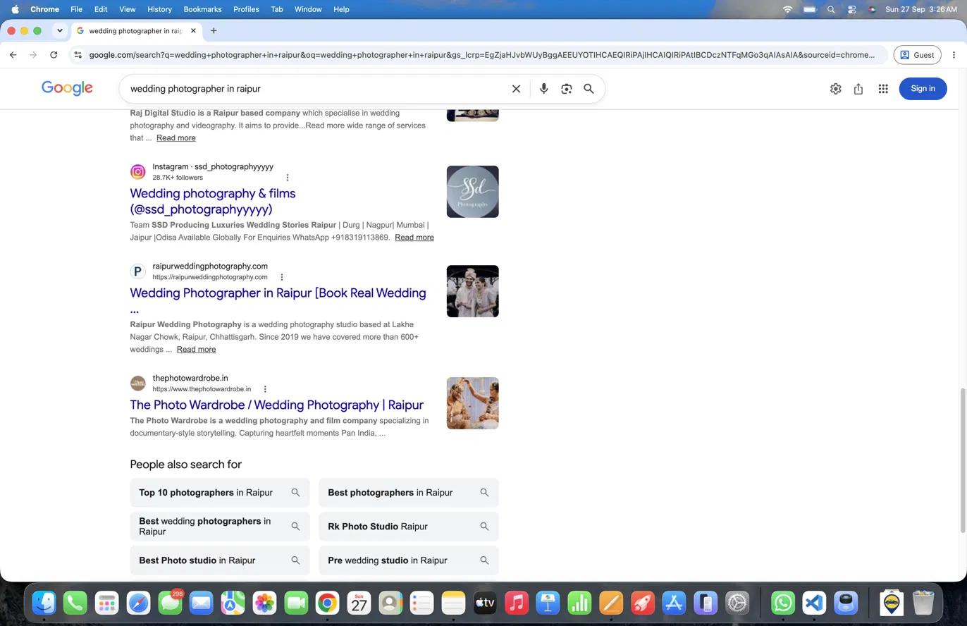 Google search results for wedding photographer in raipur showing raipurweddingphotography.com on page one