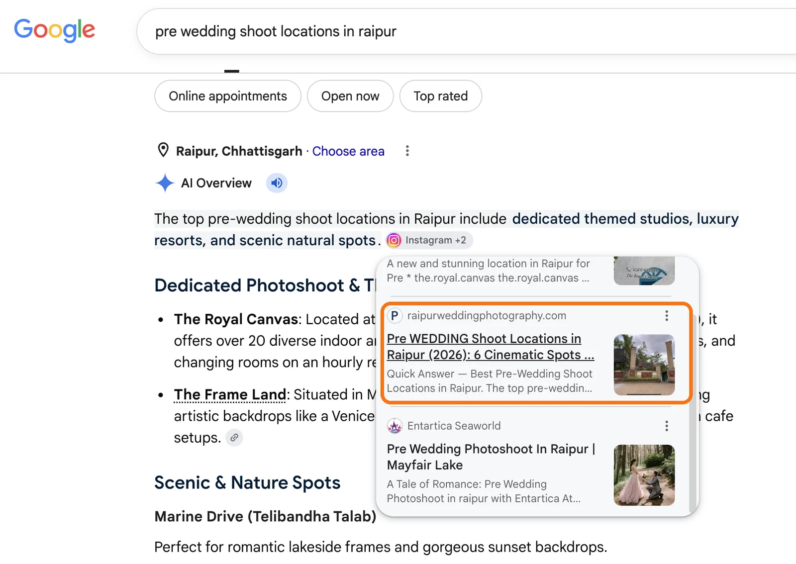 Google AI Overview listing the client's pre-wedding shoot locations guide as a source