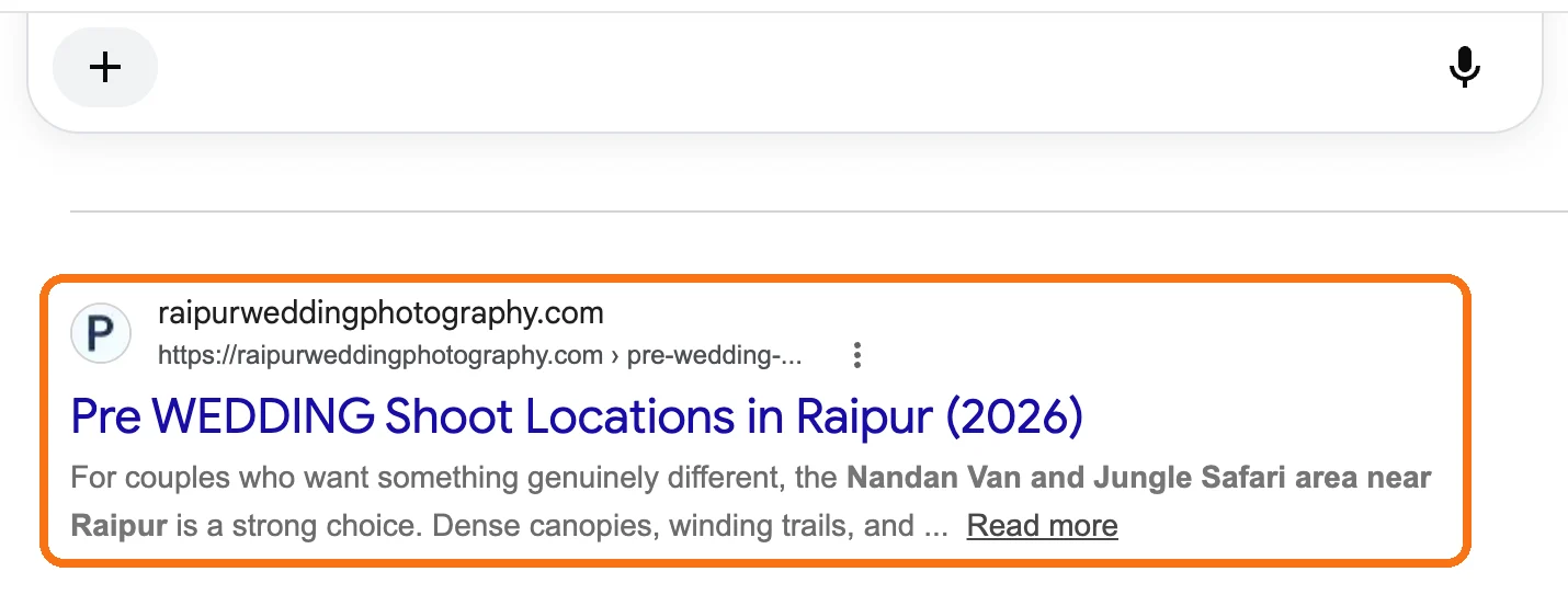Pre-wedding shoot locations guide ranking in Google directly below the AI Overview