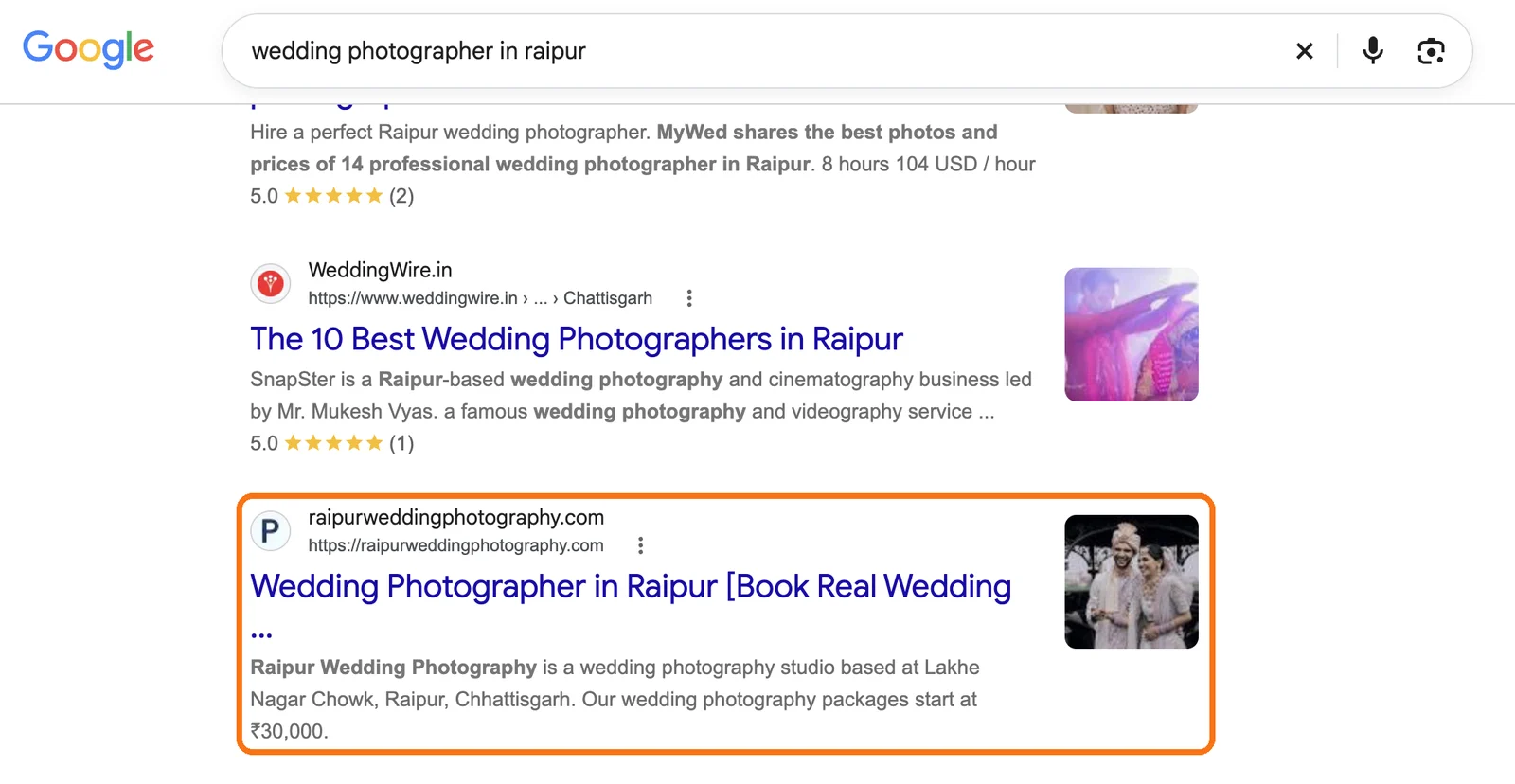 Google search for wedding photographer in raipur with the client's website on page one