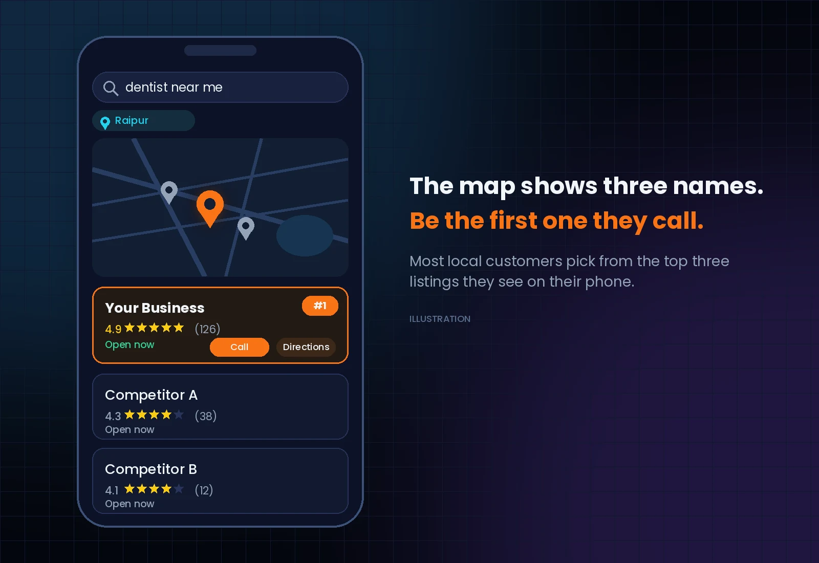 Illustration of a phone showing the top three map results for a dentist search