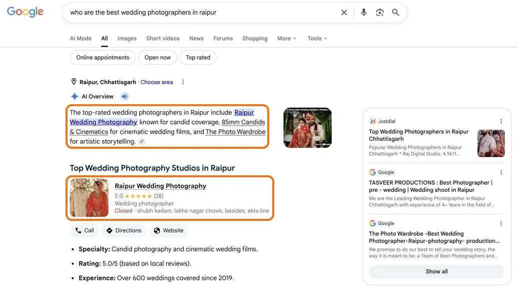 Google AI Overview naming Raipur Wedding Photography first among top-rated wedding photographers
